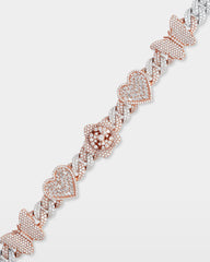 Two Tone Heart, Rose & Butterfly Diamond Bracelet