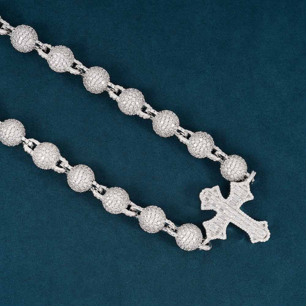 10MM Moissanite Baguette Cross Beads Link Chain 14k Gold