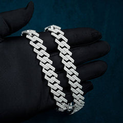 2-Row 13MM Moissanite Prong Cuban Link Chain 14K Gold