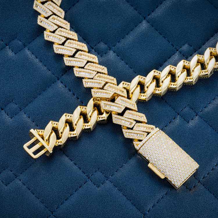 15MM Moissanite Baguette Cuban Link Chain 14K Gold