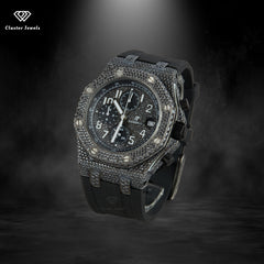 Fully Black Chronograph Moissanite Hip Hop Iced Out Watch Rubber Belt