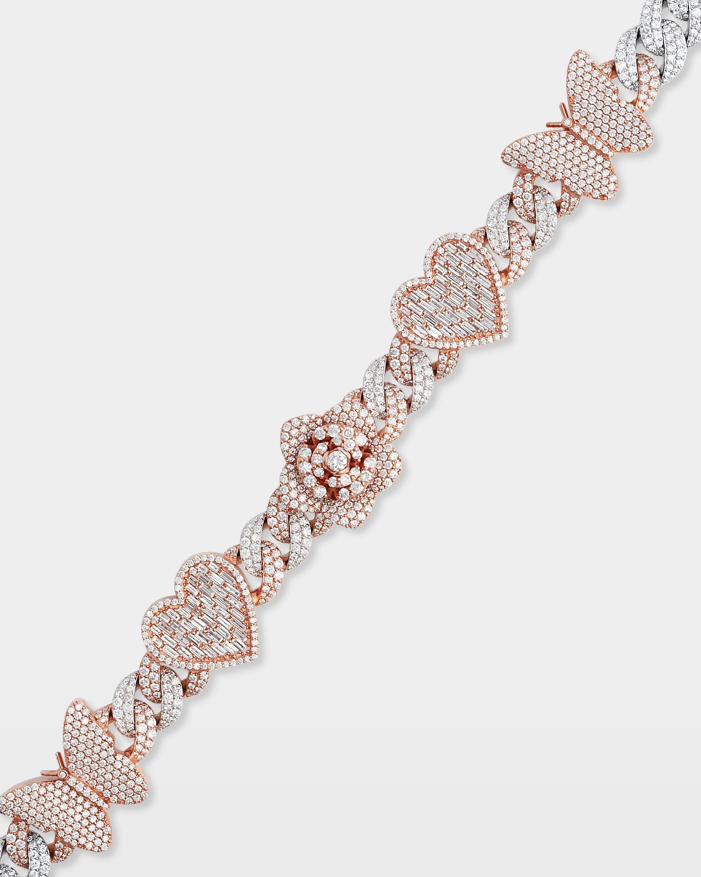 Two Tone Heart, Rose & Butterfly Diamond Bracelet