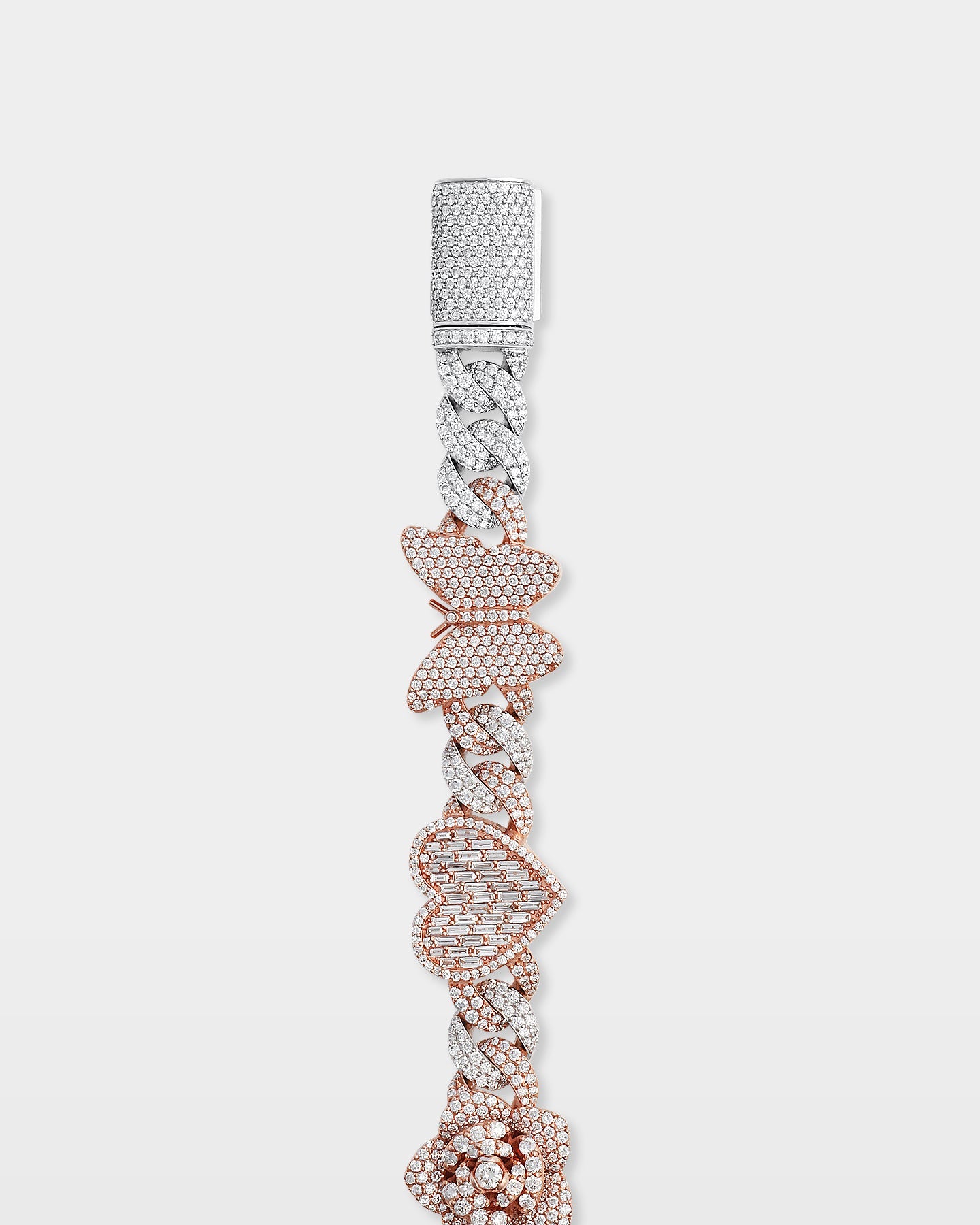Two Tone Heart, Rose & Butterfly Diamond Bracelet