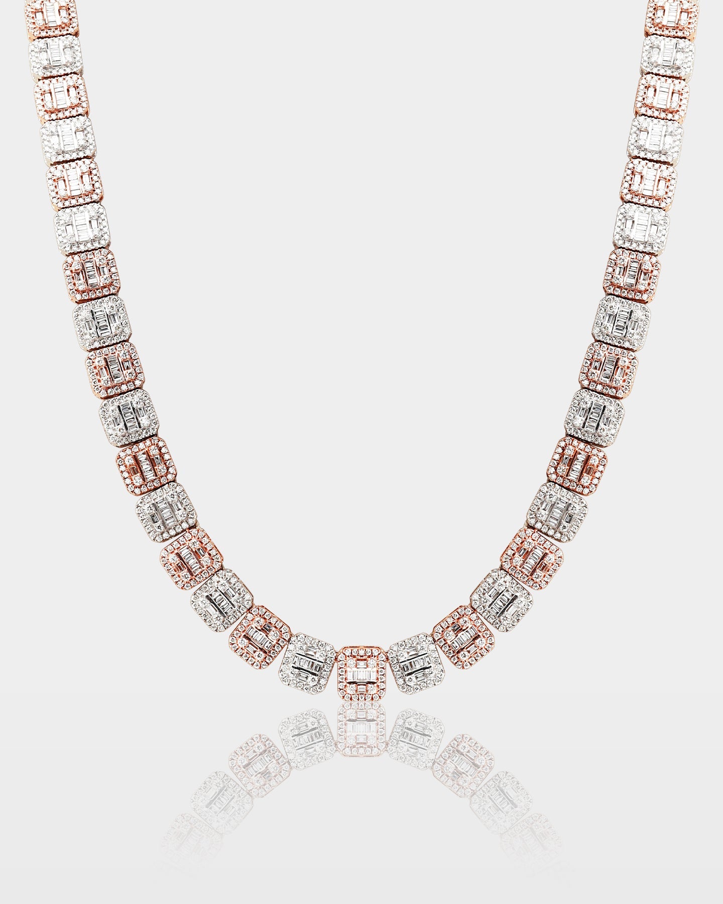 Two Tone Square Halo Baguette Diamond Tennis Necklace