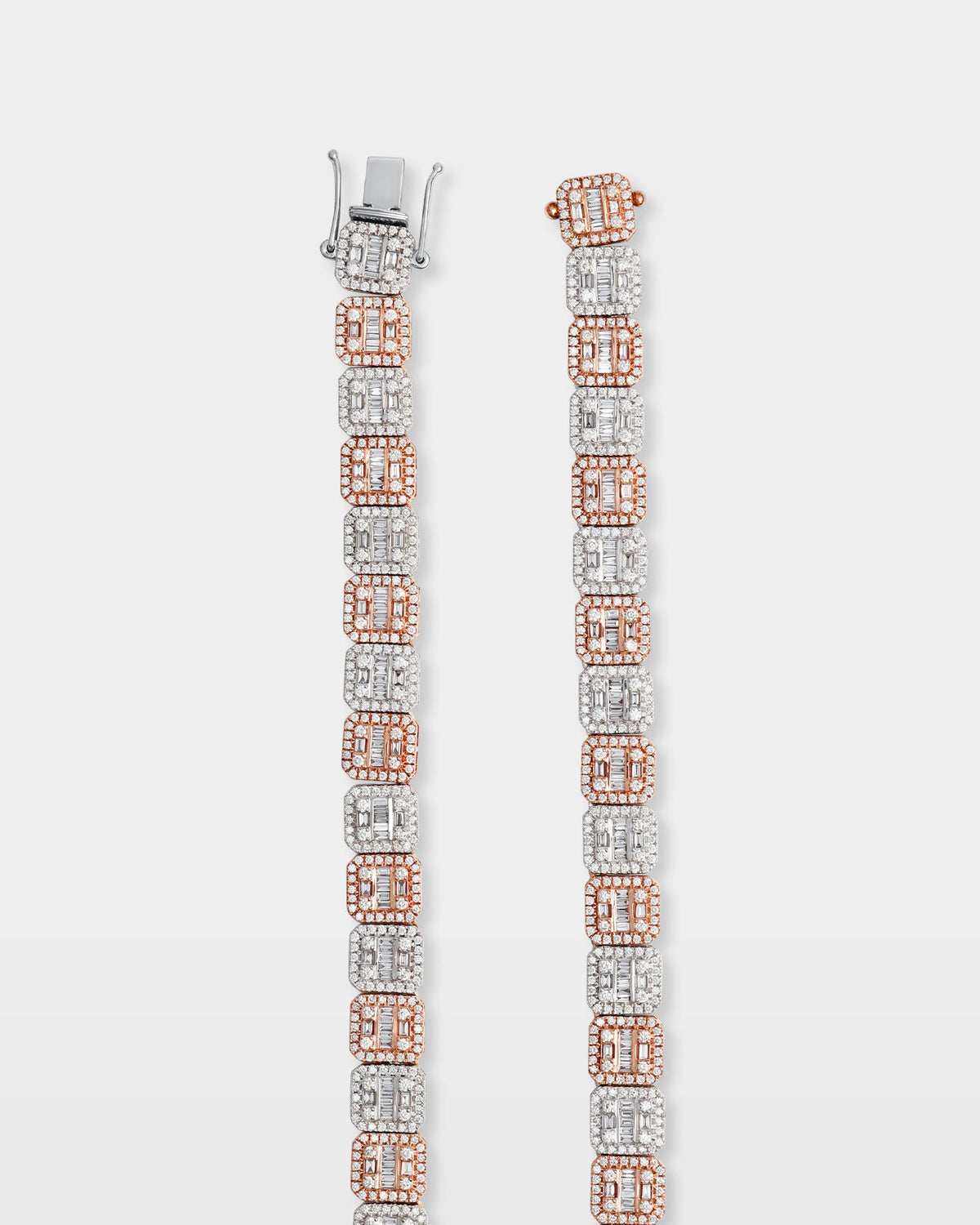 Two Tone Square Halo Baguette Diamond Tennis Necklace