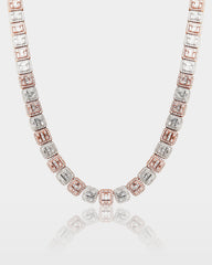 Two Tone Square Halo Baguette Diamond Tennis Necklace