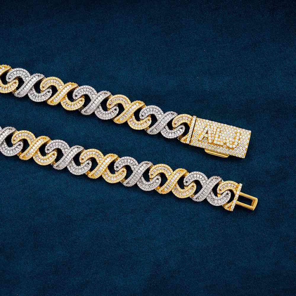 CUSTOM CLASP 20MM Baguette Moissanite Infinity Link Chain 14K Gold